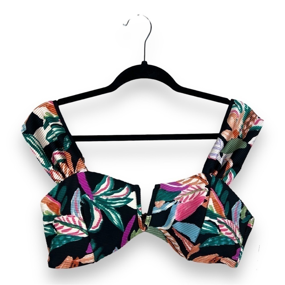 NEW XL TIME AND TRU BLACK TROPICAL FLORAL SWIM TOP RETRO PINUP BIKINI TOP